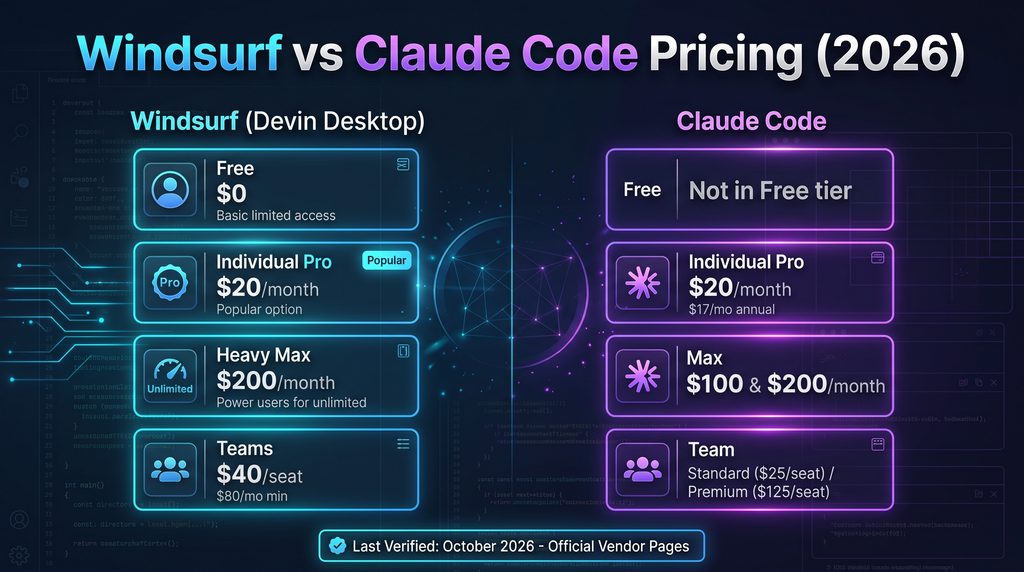 A side-by-side pricing comparison graphic for Windsurf and Claude Code for 2026. On the left side, Windsurf features Free, Individual Pro ($20/month), Heavy Max ($200/month), and Teams ($40/seat) tiers. On the right side, Claude Code features Individual Pro ($20/month), Max ($100 & $200/month), and Team Standard ($25/seat) or Premium ($125/seat) tiers. A badge at the bottom reads "Last Verified: October 2026 - Official Vendor Pages".